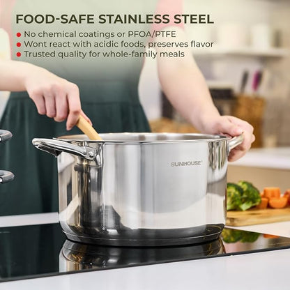 Sunhouse 8 Quart Stock Pot with Lid - 3-Ply Base Stainless Steel Cooking Pot - 8 QT Canning Dutch Oven Stock Pots - Oven Safe & Induction Cookware
