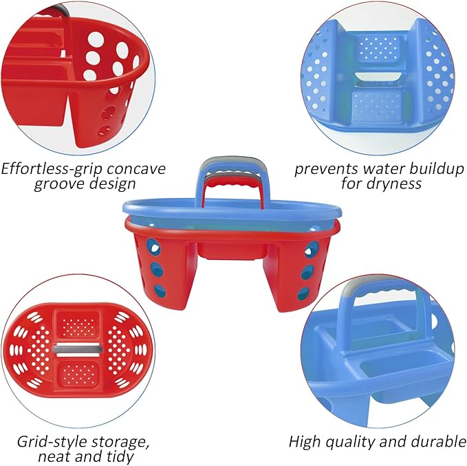 Large Shower Caddy Portable 2PC - Made in USA Plastic Jumbo Size Dorm Storage Candy Tote with Handle Shower Organizer for Bathroom, Pantry, Kitchen, College Dorm, Red/Periwinkle