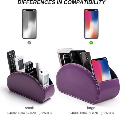 Remote Control Holders Organizer Box with 5 Compartment PU Leather Multi-functional Office Desk Storage Caddy Store Tv Remote for Media Player,Brush,Pencil,Glassees&Office Supplies (Dark Purple)