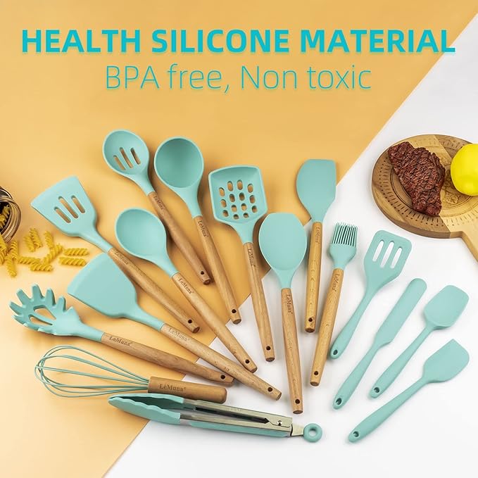 LeMuna Cooking Utensils Set, 18pcs Kitchen Silicone Utensils, Heat Resistant Non Toxic & BPA-Free with Holder & Wooden Handle, Home Essential Accessories, Teal(Turquoise)