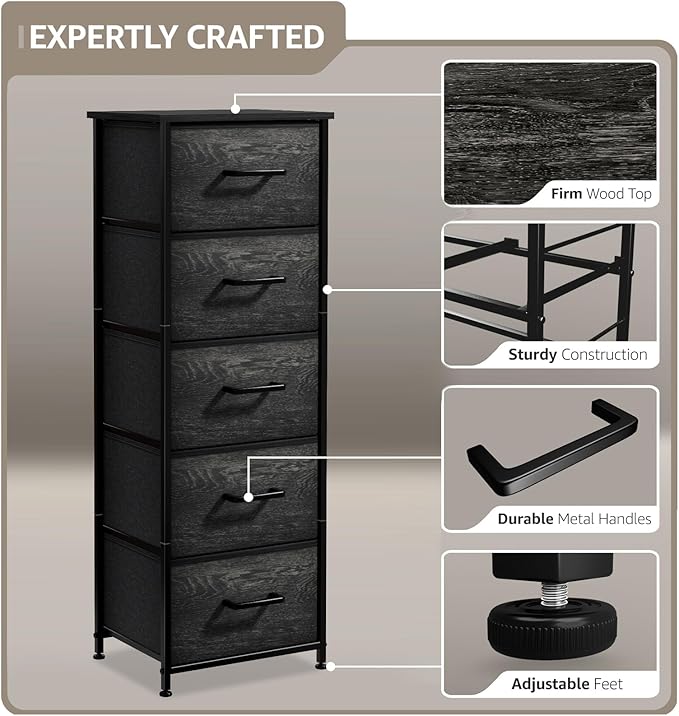 Sorbus Nightstand Dresser with 5 Faux Wood Drawers – Tall Bedside Table Chest with Storage, Steel Frame, Wood Top, Easy Pull Fabric Bins for Bedroom, Living Room, Closet & Dorm Furniture Lamp Stand