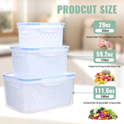3 PCS Fruit Storage Containers for Fridge Food Berry Storage Container Set with Removable Strainer Lid Berries Container for Fridge BPA-Free Plastic Crisper for Long-Term Freshness