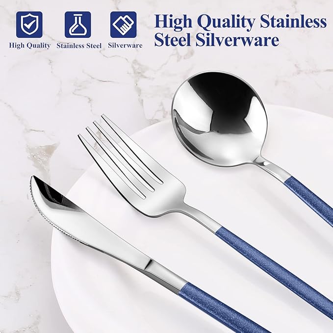 VANVRO Mirror Silver Blue Silverware Set, 20-Piece Stainless Steel Flatware Set, Satin Finish tableware Cutlery Set, Service for 4, Home and Restaurant, Dishwasher Safe