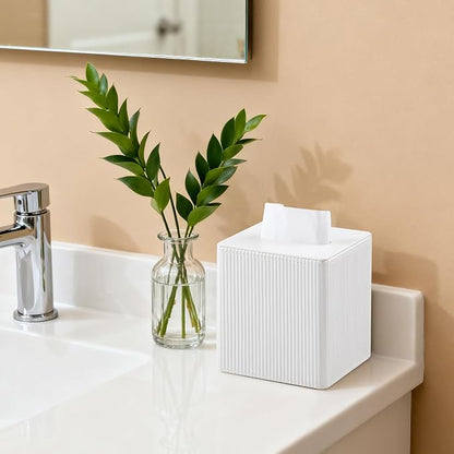Tissue Box Cover Square with Magnetic Closure, PU Leather Tissue Box Holder for Bathroom NightStands Livingroom, Decorative Modern Square Tissue Holder (Ivory)