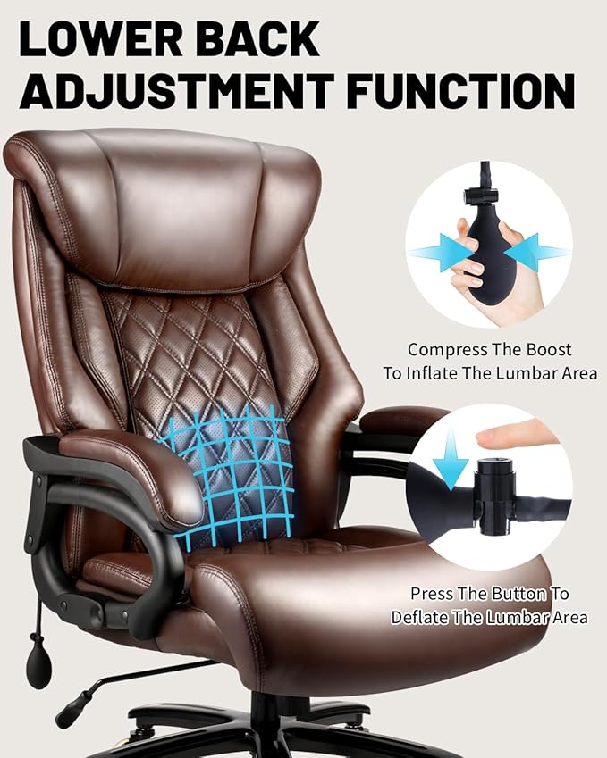 800lbs Executive Chairs, Executive Office Chairs for Big and Tall with Adjustable Lumbar Support, Office Chair for Heavy People, Leather Desk Chairs with Quiet Rubber Wheel and Extra Wide seat