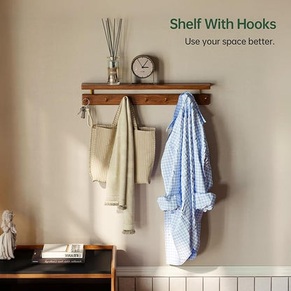 Walnut Wall Hooks with Shelf, Coat Rack Wall Mount, Entryway Hanging Shelf with 7 Brass Hooks for Hats, Clothes, Towels, Bags, Black Walnut Wood, Natural