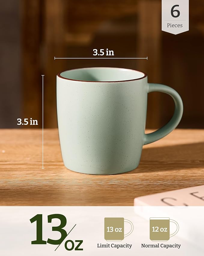 famiware Mercury Coffee Mugs 13 oz, Coffee Mugs Set of 6 with Handle, Cups for Latte, Hot Tea, Cappuccino, Mocha, Cocoa, Light Green