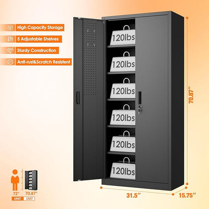 Aobabo 71" H×32" W×16" D Metal Storage Cabinet with 5 Adjustable Shelves, Locking Garage Storage Cabinet with Pegboards and 4 Hooks for Garage, Office, Black, Assembly Required