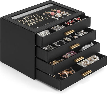 AKOZLIN Jewelry Box with Clear Lid Functional Leather Jewelry Storage Organizer Case 4 Drawers for Women Girls Necklace Ring Bracelet Earring