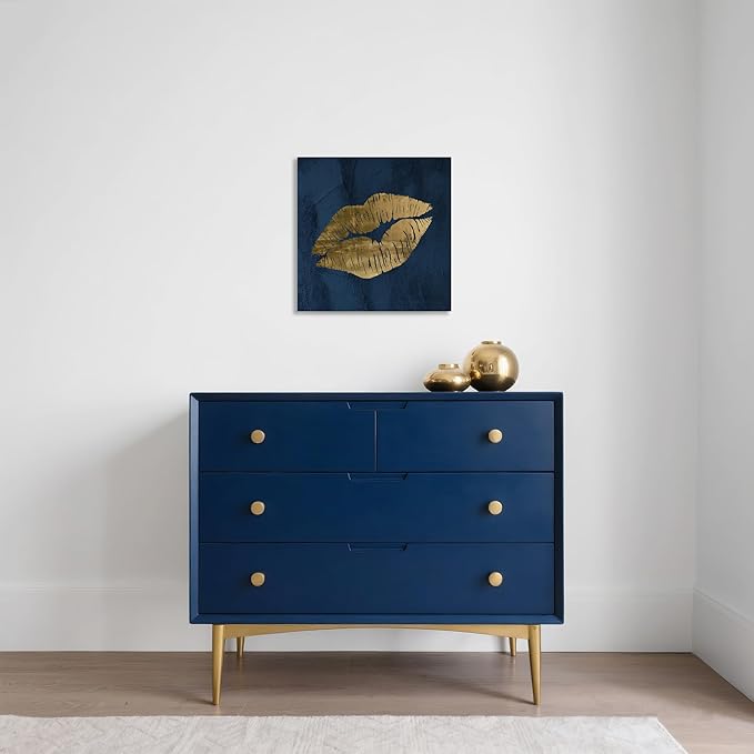 Navy Blue and Gold Wall Decor Fashion Lip Canvas Wall Art Glam Lip Poster Sexy Painting Designer Picture for Bedroom Bathroom Makeup Room Decoration 12x12Inch