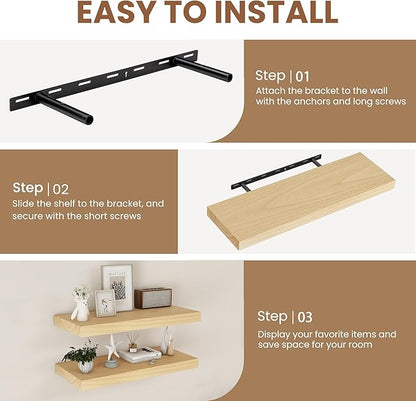Fun Memories Rustic Floating Shelves for Home Decor, 8 Inch Deep Floating Shelf, Solid Wood Floating Wall Shelves 30 Inch Long, Deep Wall Shelves for Bathroom, Living Room, Natural Finsh, Set of 2