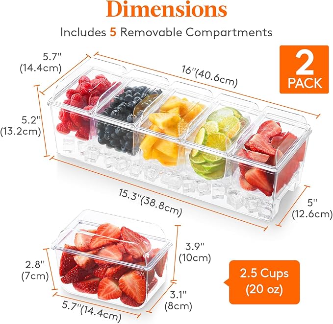 Lifewit 2 Pcs Ice Chilled Condiment Caddy with 5x 20 oz Containers, Condiment Server with Separate Lid, Serving Tray Platter with Removable Dishes for Bar, Fruit, Salad, Taco, Party Garnish
