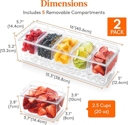 Lifewit 2 Pcs Ice Chilled Condiment Caddy with 5x 20 oz Containers, Condiment Server with Separate Lid, Serving Tray Platter with Removable Dishes for Bar, Fruit, Salad, Taco, Party Garnish