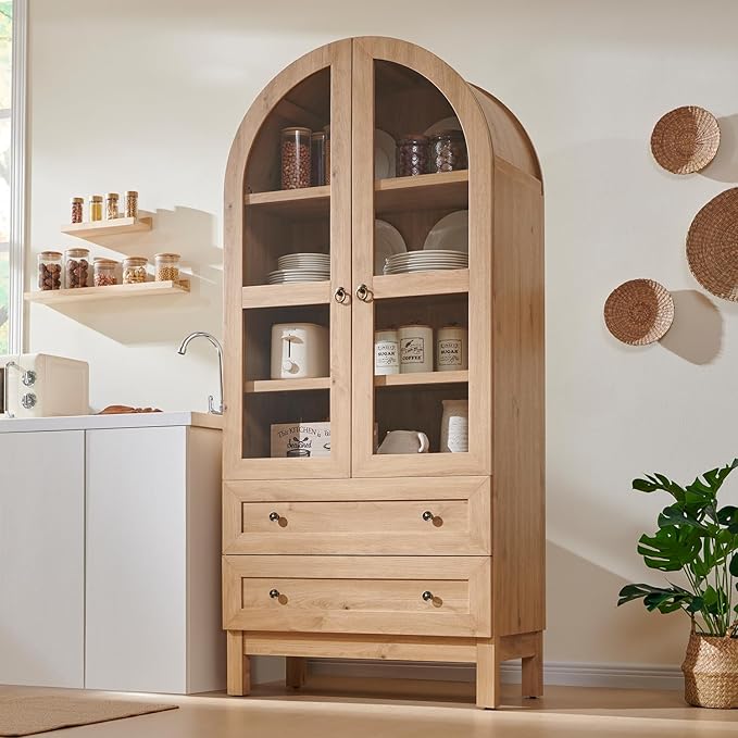 71" Tall Arched Bathroom Storage Cabinet, 4-Tier cabinet w/2 Large Drawers &Adjustable Shelves, Wooden Bathroom Floor cabinets w/Glass Doors, Modern Farmhouse Versatile Cabinets for bathroom, Natrual