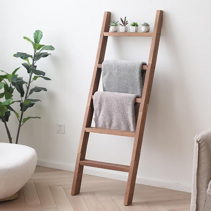 FUIN 5ft (58") Wood Blanket Ladder Living Room Decorative Wall Leaning Farmhouse Quilt Display Holder Shelf Rustic Wooden Towel Rack for Bathroom, Brown