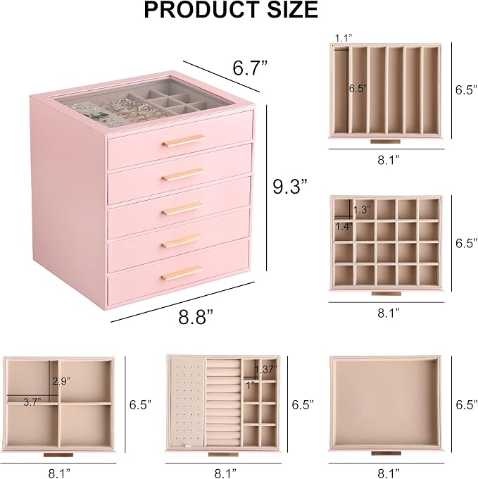 Frebeauty Clear Lid Jewelry Box,5-Layer Jewelry Organizer with Drawer,PU Leather Jewelry Organizers and Storage,Jewelry Boxes for Women,Jewelry Storage for Rings Earring Stud,Gift for Women(Pink)