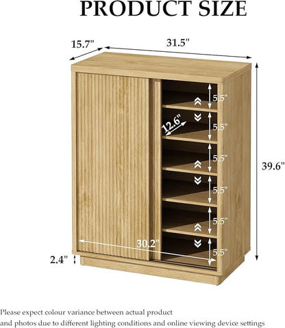 Fluted Shoe Cabinet with Sliding Door, 6-Tier Large Hidden Storage Organizer Modern Shoe Rack with Adjustable Shelves, Mid Century Freestanding Wooden Shoe Storage Cabinet for Entryway,Oak