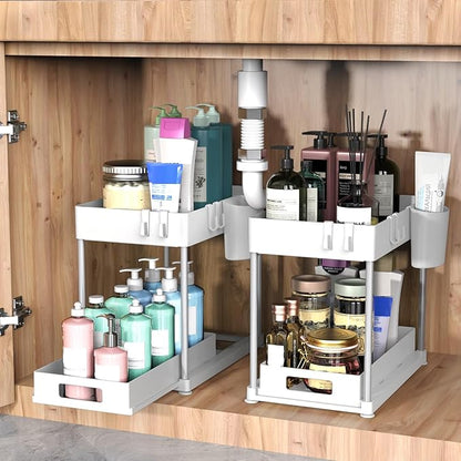 2 Pack Under Sink Organizer with Pull-Out Drawer, 2-Tier Cabinet Storage for Kitchen & Bathroom, Tool-Free Assembly, Fits Cleaning Supplies & Toiletries, Space Saving for Small Cabinets, White