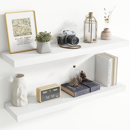 40 Inch Floating Shelves for Wall, 8 Inch Deep Floating Shelf for Storage & Display, Rustic Wall Mounted Shelf with Invisible Brackets for Living Room, Kitchen, Bathroom, Home Decor, Set of 2, White