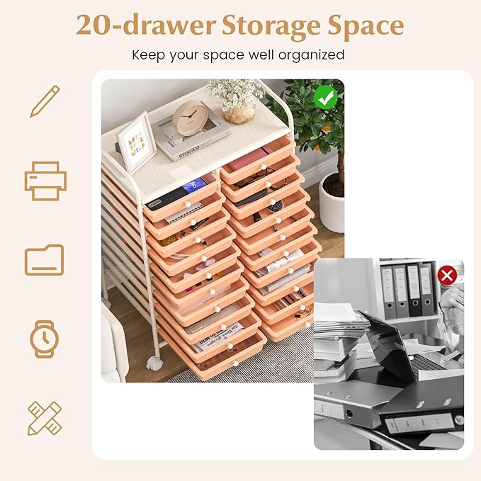 GOFLAME 20-Drawer Rolling Storage Cart, Multifunctional Art Craft Organizer Cart, Mobile Utility Storage Cart with Removable Drawers & Lockable Wheels, Craft Cart for Home Office, Peach Fuzz