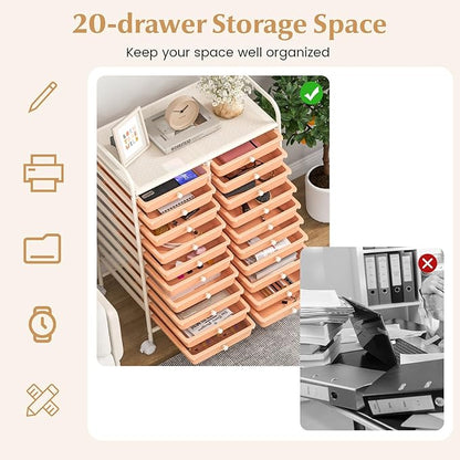 GOFLAME 20-Drawer Rolling Storage Cart, Multifunctional Art Craft Organizer Cart, Mobile Utility Storage Cart with Removable Drawers & Lockable Wheels, Craft Cart for Home Office, Peach Fuzz
