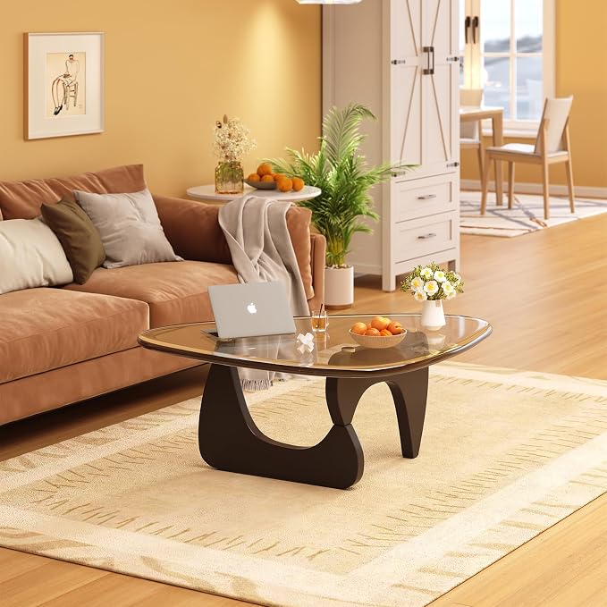 Coffee Table for Living Room Mid Century Modern Center Small Table with Glass Top and Wood, Black Transparent(36 Inch)