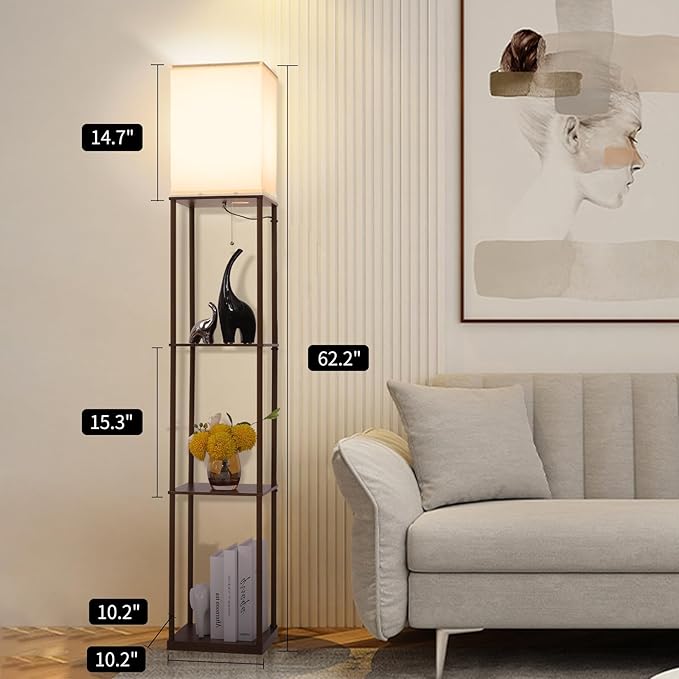 Gupuzm Floor Lamp with Shelves, Modern Square Standing Lamp with 3 Color Temperature Bulb, Corner Display Bookshelf Lamp for Living Room, Bedroom and Office (Brown-9)