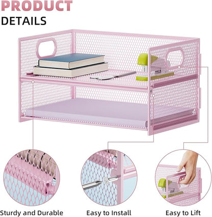 Marbrasse 2 Tier Paper Organizer Letter Tray, Mesh File Organizer with Handle, Paper Sorter Desk Organizer for Home Office Supplies - Pink