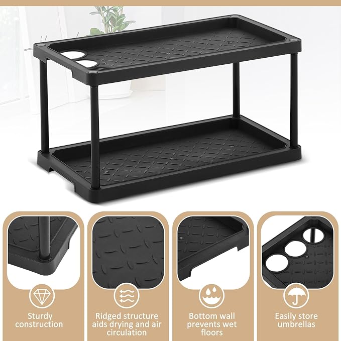 Cinnvoice 2 Tier Boot Shoe Organizer Rack with Umbrella Holder Plastic Waterproof Shoe Mat for Entryway Indoor Outdoor, 28 x 14.5 x 14.5 Inches