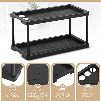 Cinnvoice 2 Tier Boot Shoe Organizer Rack with Umbrella Holder Plastic Waterproof Shoe Mat for Entryway Indoor Outdoor, 28 x 14.5 x 14.5 Inches