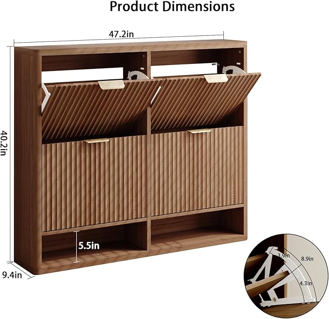 Shoe Storage Cabinet for Entryway with 4 Flip Drawers, 47.2" Large Modern Freestanding Shoe Organizer with Fluted Doors & Hidden Shoe Rack - Slim Enclosed Shoe Rack for Hallway (Walnut)