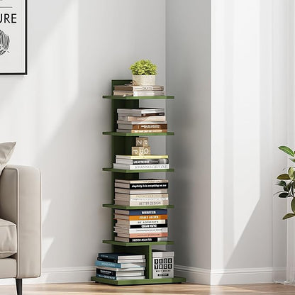 TUTOTAK Bookshelf, 6-Tier Bookcase, Narrow Spine Book Shelf for Small Space, Corner Standing Shelf for Living Room, Office, Study, Entryway, Olive Green BS06BOG016