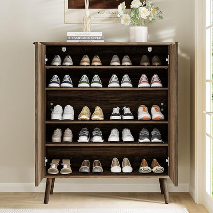 Fluted Shoe Cabinet with Doors,5-Tier Freestanding Shoe Storage Cabinet with Adjustable Shelves, Wooden Shoe Rack Organizer with Solid Legs for Entryway,Hallway,Walnut