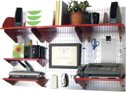 Wall Control Office Organizer Unit Wall Mounted Office Desk Storage and Organization Kit Metallic Slotted Wallboards and Red Accessories