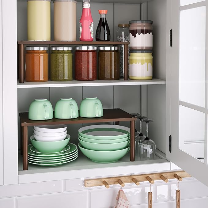 VERTORGAN Cabinet Organizer Shelf(Set of 2),Kitchen Counter Shelves,Bamboo Spice Rack Countertop and Cabinet,Stackable Expandable,Large(Brown)