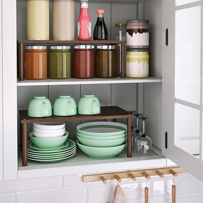 VERTORGAN Cabinet Organizer Shelf(Set of 2),Kitchen Counter Shelves,Bamboo Spice Rack Countertop and Cabinet,Stackable Expandable,Large(Brown)
