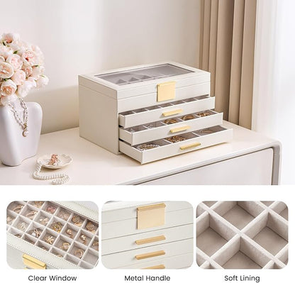 Lolalet Earring Storage Box Case with Glass Top, Large Earring Jewelry Holder Organizer Display with Drawer and Grid, Gift for Girls Women -4 Tiers, Cloud White