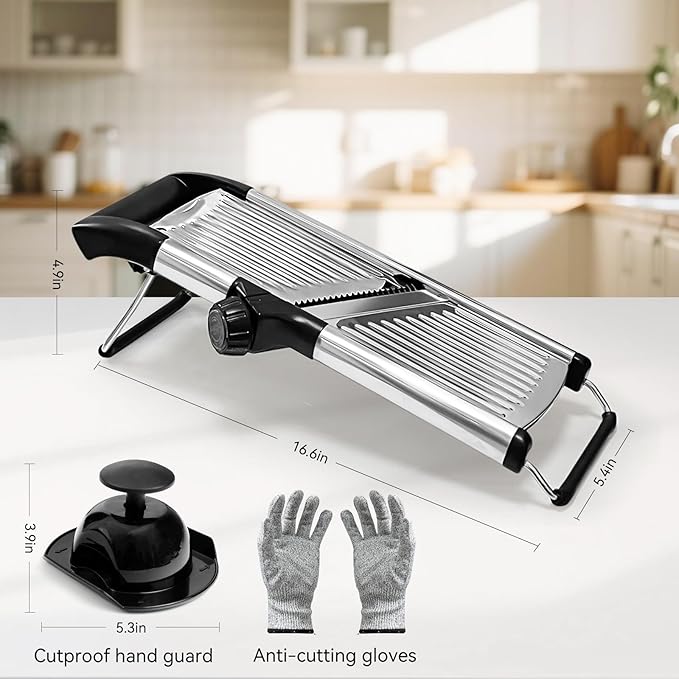 Mandoline Slicer, Adjustable Stainless Steel Slicer, Food Holder and Gloves | Adjustable stainless steel blade slices potato, onion and tomato with food holder and safety gloves for safer daily meal prep
