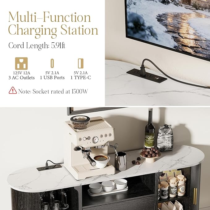 60" Sideboard Buffet Cabinet with Storage, Sliding Door & Adjustable Shelf, Modern Credenza with 2 Drawer, Accent Sideboard Coffee Bar Console Table for Kitchen, Entryway and Living Room
