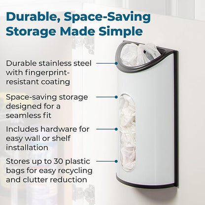 Honey-Can-Do Stainless Steel Plastic Bag Saver & Trash Bag Dispenser, Wall-Mounted Plastic Bag Organizer for Kitchen, Pantry, Garage, Durable Stainless Steel Storage for Grocery Bags and Space-Saving