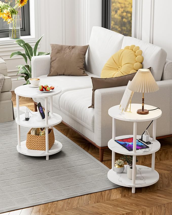 XBurmo Small Round End Table - 3 Tier Design Accent Table, Narrow Side or Bedside Stand, Industrial Vintage Table for Small Spaces, Built-in USB Ports and Power Outlet, Marble White