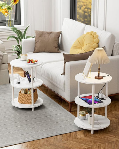 XBurmo Small Round End Table - 3 Tier Design Accent Table, Narrow Side or Bedside Stand, Industrial Vintage Table for Small Spaces, Built-in USB Ports and Power Outlet, Marble White