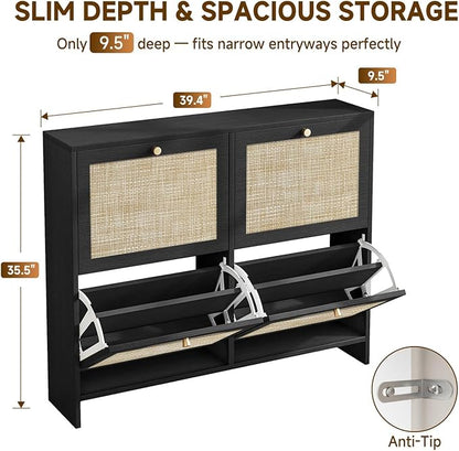 Nicetree Shoe Cabinet Storage for Entryway, 4-Flip Drawer Narrow Shoe Rack, Organic Modern Rattan Shoe Organizer with Gold Legs, Shoe Organizer Fits Men's Size 13.5, Black