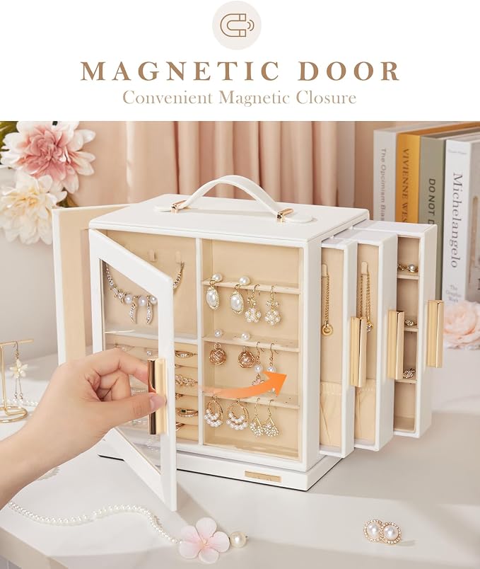 Homde Jewelry Box for Women Large: Rotating Organizer for Ring Earring Necklace Bracelet - 7 Drawers Storage for Dresser (White)