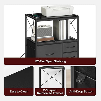 MAHANCRIS File Cabinet with Charging Station, 3 Drawer Lateral Filing Cabinet for Home Office, Mobile Printer Stand with Open Shelf, Fits A4/Letter Size File, Nonwovens Drawer, Black FCHB98E01