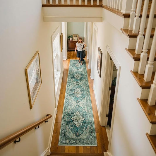 RELEANY Area Rugs Runner 2'x10' Washable Non-Slip, Floral Vintage Distress Medallion Carpet for Kitchen Hallway Bedroom Beside Laundry Room Bathroom, Dark Blue Vintage