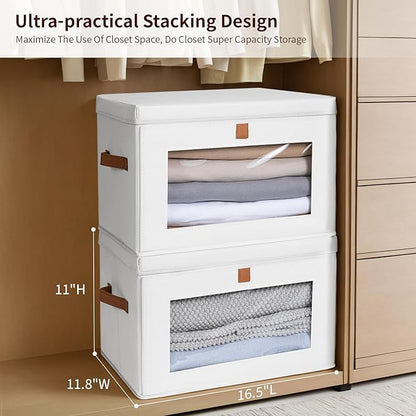 Homsorout Large Clothing Storage Bins - Collapsible Boxes with Handles & Window, Decorative Organizer Bins with Lids, Fabric Containers for Living Room, Dorm, 6 Pack, White