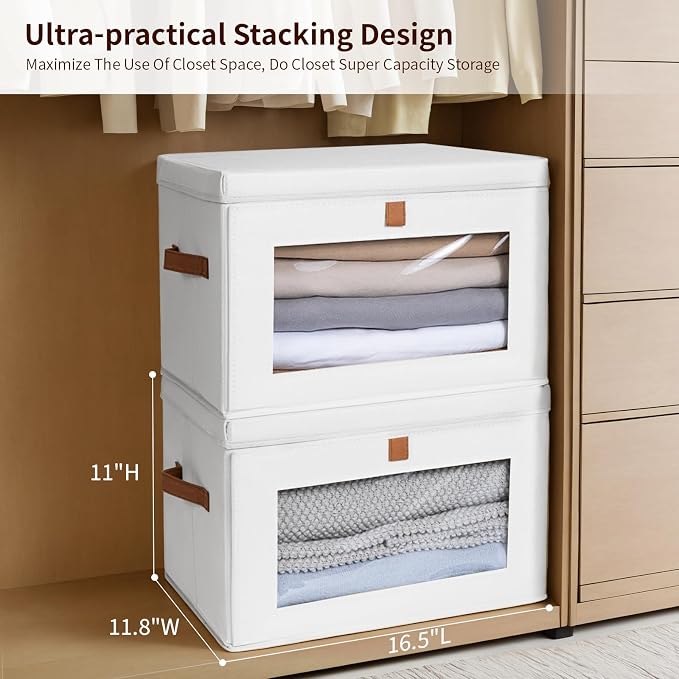 Homsorout Large Closet Storage Bins - Collapsible Clothes Organizer with Handles & Window, Decorative Boxes with Lids, Linen Closet Organizers for Living Room, Dorm, 8 Pack, White