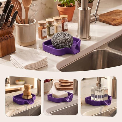 MicoYang Silicone Soap Dish with Drain Spout, Self-Draining Sink Organizer Tray for Bathroom and Kitchen, Sponges, Dispensers and Soap Holder, Non-Slip and Dishwasher Safe, Purple (Compact, 4.9"×3.2")