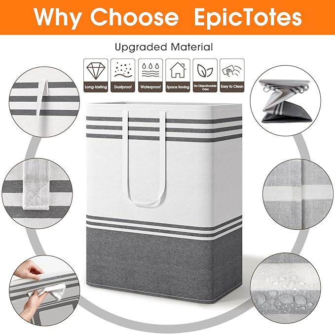 2 Pack Large Home Laundry Basket, Laundry Hamper, Freestanding Waterproof Dirty Clothes Bag, Tall Clothes Hamper - Extended & Reinforced Handles for College Dorm, Family (Light Grey/125L)